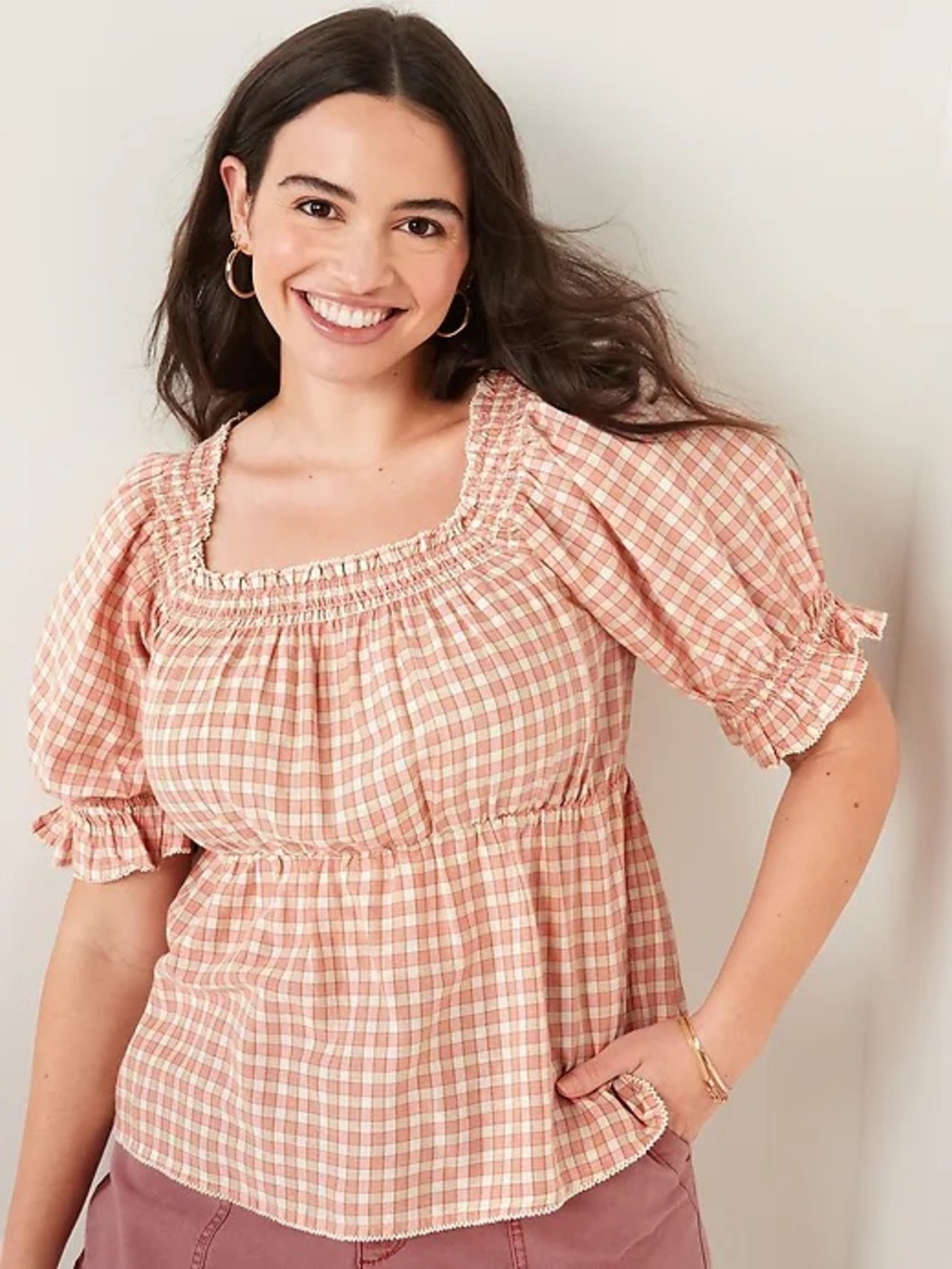 Old Navy • Women’s Smocked Plaid Puff Sleeve Babydoll Top Multicolor Size large